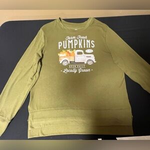 POSITIVI-TEES LONG SLEEVE OLIVE GREEN T-SHIRT W/PUMPKIN GRAPHICS  LARGE (12-14)
